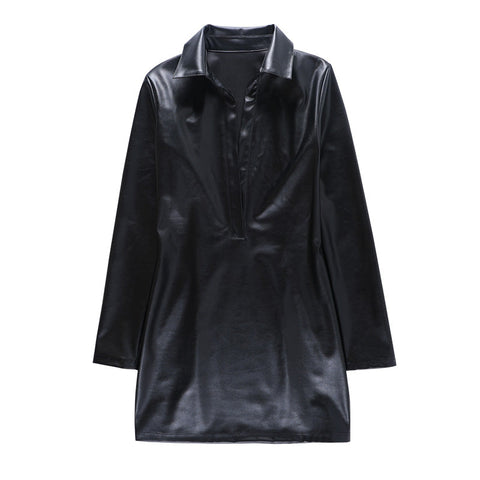 Voguable  Pu Leather Deep V Neck Long Sleeve Loose Mini Dress Winter Casual Streetwear Outfits Club Y2K