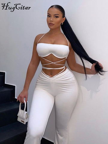 Voguable Solid Halter Sleeveless Bandage Ruched Crop Bra High Waist Leggings 2 Piece Set Y2K Streetwear Outfit