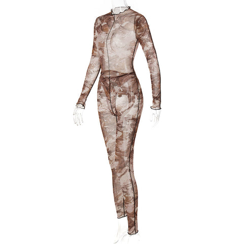 Voguable  Long Sleeve Print See-Through Ruched Bodysuit Pencil Pants 2 Pieces Set Streetwear Club Y2K