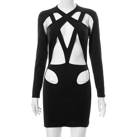 Voguable  Solid Hollow Out Revealing Long Sleeves Mini Dress Bodycorn Elegant Party Club Outfits Y2K