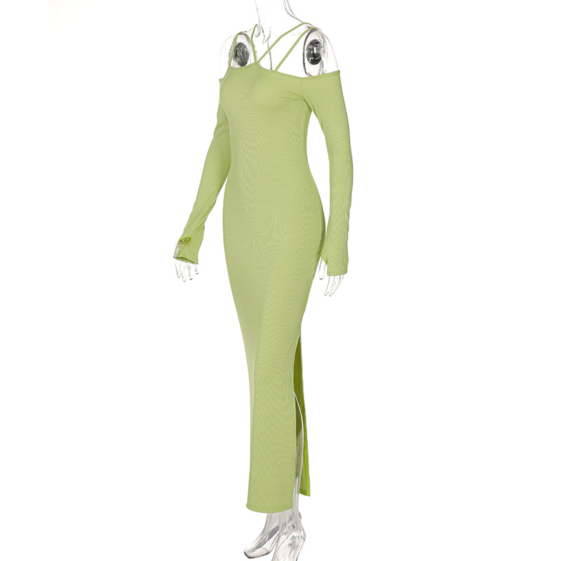 Voguable Fall Solid Slip Slash Neck Long Sleeves Cut Out Maxi Dress Slim Y2K Streetwear Robe