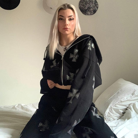 Voguable Winter Goth Rhinestone Y2K Zip Up Oversized Sweatshirts  Hoodies Pull Grunge Hooded Retro Jacket Streetwear Coat