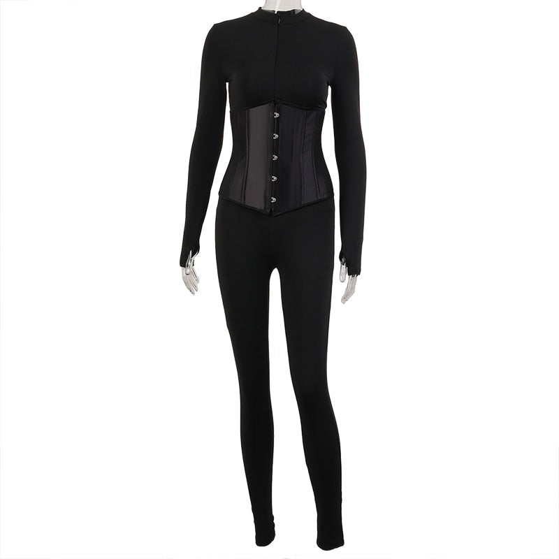 Voguable  Long Sleeve Jumpsuit Bandage Corset 2 Pieces Set Winter  Zipper Suit Romper Y2K Streetwear