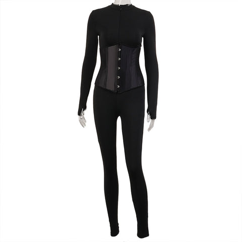 Voguable  Long Sleeve Jumpsuit Bandage Corset 2 Pieces Set Winter  Zipper Suit Romper Y2K Streetwear