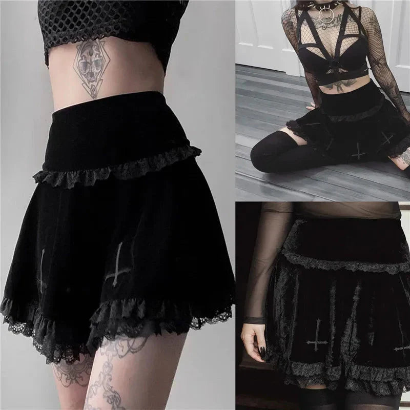 Punk Gothic Skirt 2000s Black Dark Academia Cross Print High Waist Pleated A-line Skirt y2k Vintage Lace Skirts