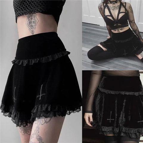 Punk Gothic Skirt 2000s Black Dark Academia Cross Print High Waist Pleated A-line Skirt y2k Vintage Lace Skirts