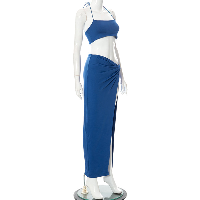 Voguable Solid Halter Bandage Camis Crop Top Slit Maxi Dress 2 Pieces Set  Bodycon Elegant Streetwear Party Club Y2K