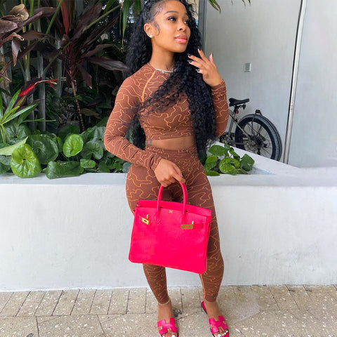 Voguable Print Long Sleeves Slim Navel Top Leggings Set Bodycon Party Elegant Club Y2K Robe Beach