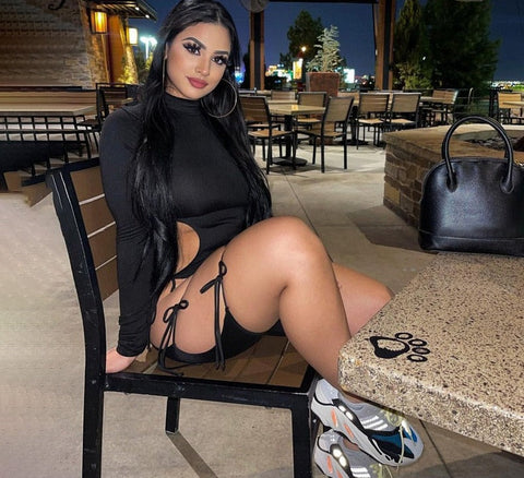 Voguable Solid Long Sleeves O Neck Cut Out Drawstrings Bandage Playsuit  Fall Bodycon Party Club Elegant Y2K