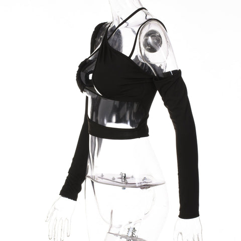 Voguable Pure Halter Single Shoulder Long Sleeve Bandage Drawstring Crop Top Fall Streetwear Outfit Y2K Party