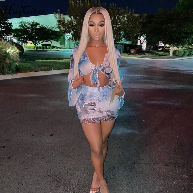 Voguable Flare Sleeve Wrapped Bandage Crop Top Skirt 2 Piece Set Winter Streetwear Y2K Print Tracksuit