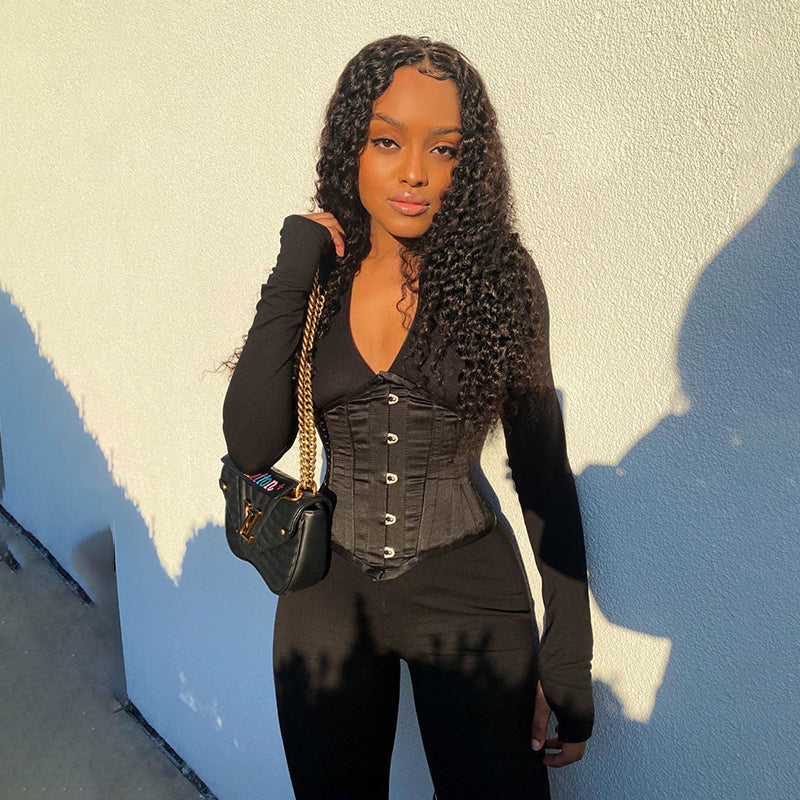 Voguable  Long Sleeve Jumpsuit Bandage Corset 2 Pieces Set Winter  Zipper Suit Romper Y2K Streetwear