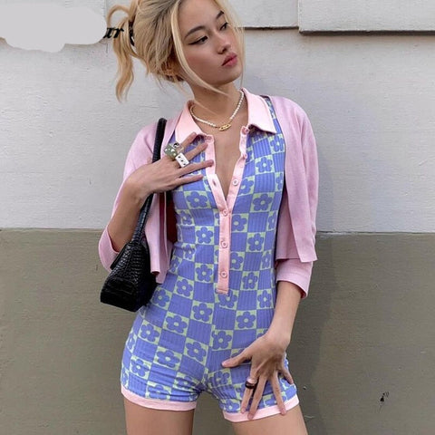 Voguable  Long Sleeves Regular Print Polo-Neck Single Breasted Playsuit Preppy Style Outfits Y2K