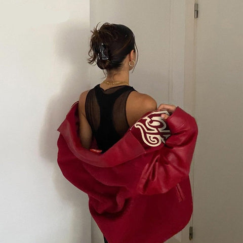 Voguable Pu Leather Letter Print Zipper Long Sleeve Loose Patchwork Jacket Winter Streetwear Outfits Y2K