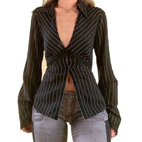 Striped Shirts Lace Trim Deep V Neck Single Breasted Flared Sleeve Cardigan Blouses Tops y2k Clothing Streetwear