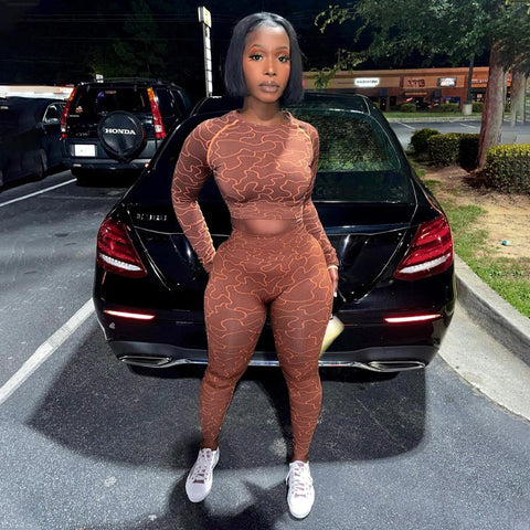 Voguable Print Long Sleeves Slim Navel Top Leggings Set Bodycon Party Elegant Club Y2K Robe Beach