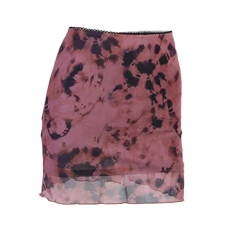 Mini Skirt Sheer Tie-dye Print High Waist Mesh Bodycon Skirt with Lining y2k Clothes E Girl Streetwear