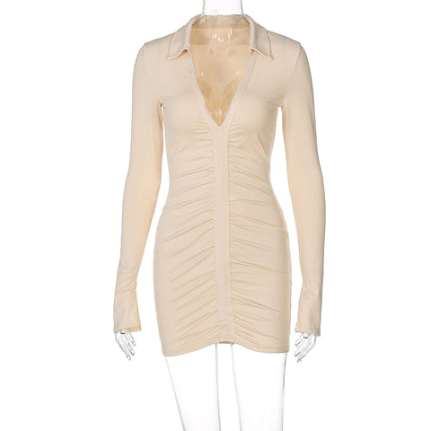 Voguable Solid Pleated Polo Neck Long Sleeves Mini Dress Streetwear Y2K Elegant Wear