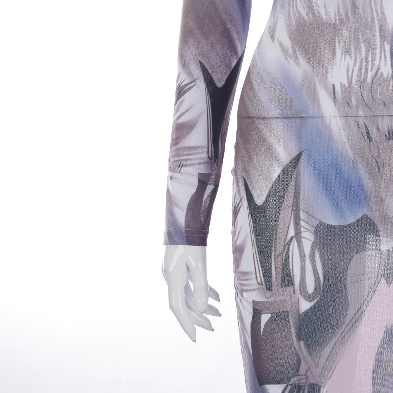 Voguable Long Sleeve Turtleneck Y2K Print Mesh Skinny Maxi Dress Streetwear Casual Clothing