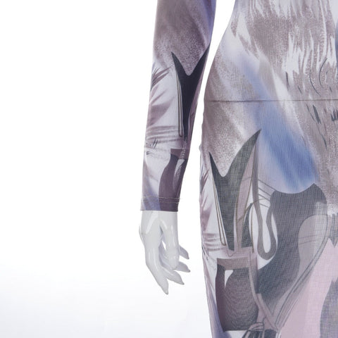 Voguable Long Sleeve Turtleneck Y2K Print Mesh Skinny Maxi Dress Streetwear Casual Clothing