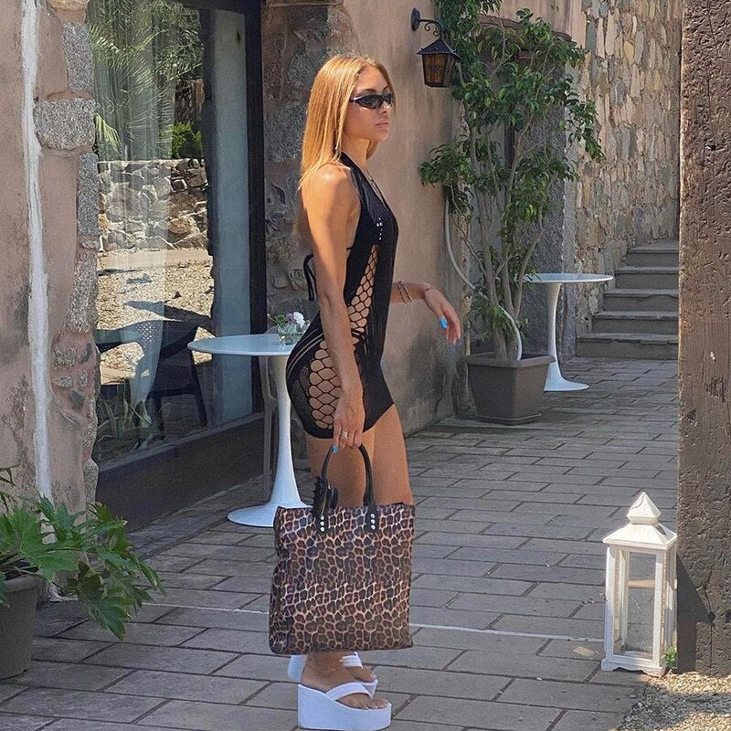 Voguable outfits Solid Halter Sleeveless Backless Mesh Hollow Out Mini Dress Fall Bodycon Party Club Elegant Y2K