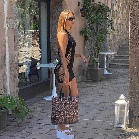 Voguable outfits Solid Halter Sleeveless Backless Mesh Hollow Out Mini Dress Fall Bodycon Party Club Elegant Y2K