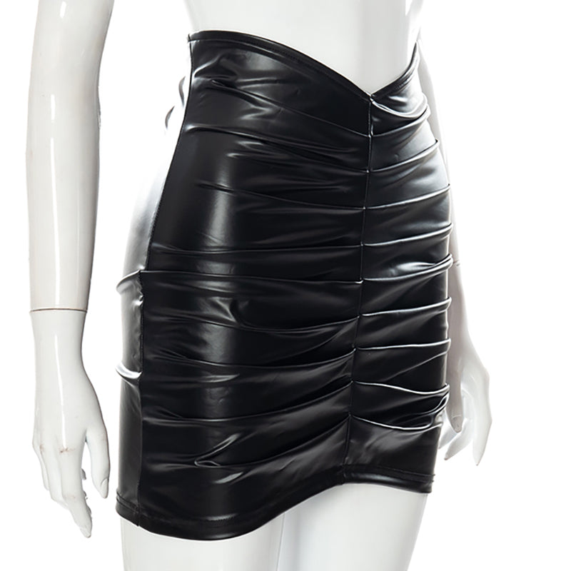Voguable  Pu Leather High Waist Folds Zipper Mini Skirt  Elegant Streetwear Party Clothings Y2K