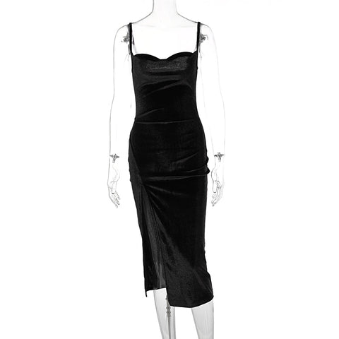 Voguable  Velvet Swing Collar Sleeveless Slip Slit Maxi Dress Evening Party Elegant Streetwear Y2K