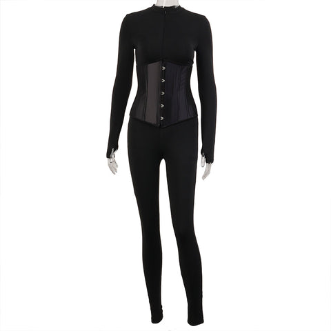 Voguable  Long Sleeve Jumpsuit Bandage Corset 2 Pieces Set Winter  Zipper Suit Romper Y2K Streetwear