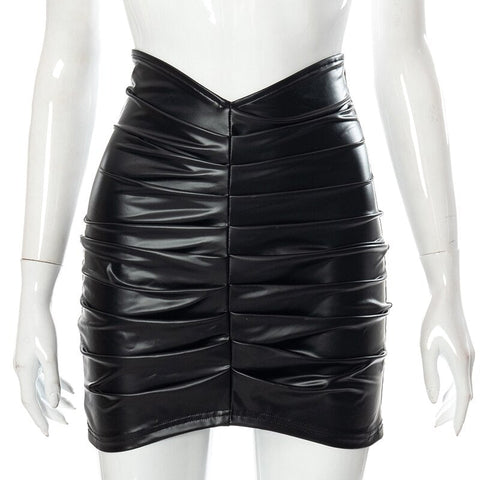 Voguable  Pu Leather High Waist Folds Zipper Mini Skirt  Elegant Streetwear Party Clothings Y2K