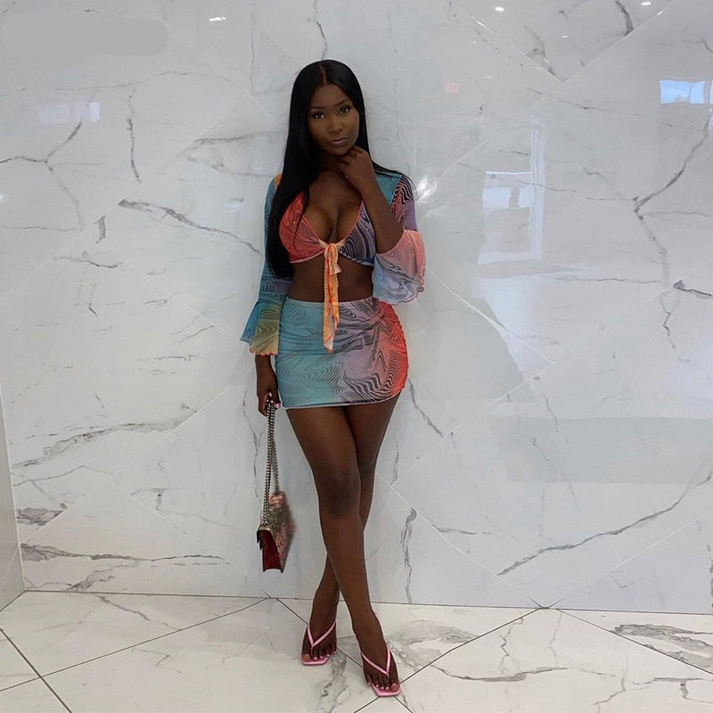 Voguable Flare Sleeve Wrapped Bandage Crop Top Skirt 2 Piece Set Winter Streetwear Y2K Print Tracksuit