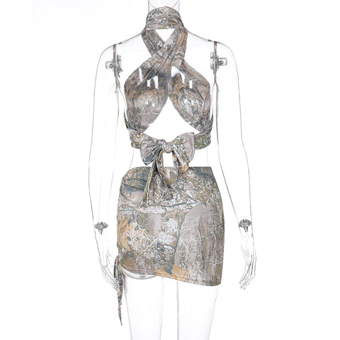 Voguable  Vintage Print Sleeveless Bandage Crop Top Skirt 2 Pieces Set Streetwear Y2K Tracksuit