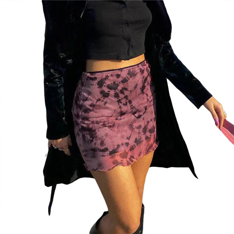 Mini Skirt Sheer Tie-dye Print High Waist Mesh Bodycon Skirt with Lining y2k Clothes E Girl Streetwear