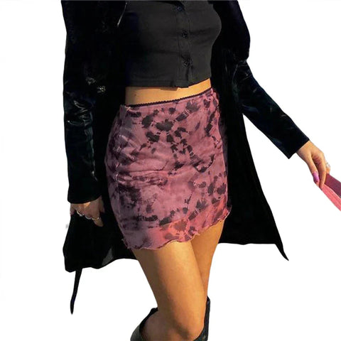 Mini Skirt Sheer Tie-dye Print High Waist Mesh Bodycon Skirt with Lining y2k Clothes E Girl Streetwear