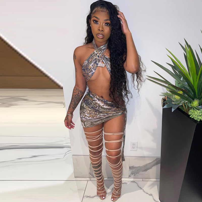 Voguable  Vintage Print Sleeveless Bandage Crop Top Skirt 2 Pieces Set Streetwear Y2K Tracksuit