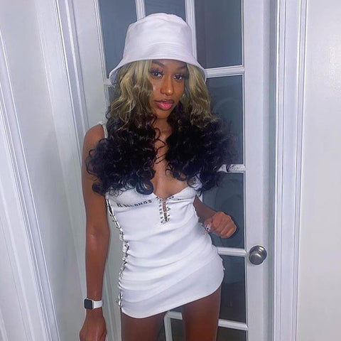 Voguable Sleeveless  Mini Dress Patchwork  With Corset Patchwork Zipper Bodycon Streetwear Casual Y2K