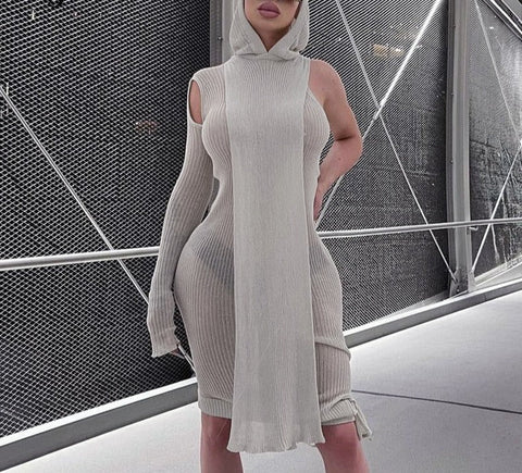 Voguable   Solid Hollow Out Single Shoulder Long Sleeves With Detachable Hooded Drawstrings  Y2K Casual Outfits