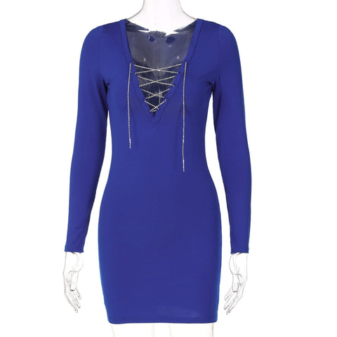 Voguable  Diamond Bandage Pure Color V Neck Skinny Mini Dress Bodycon Party Streetwear Concise Y2K