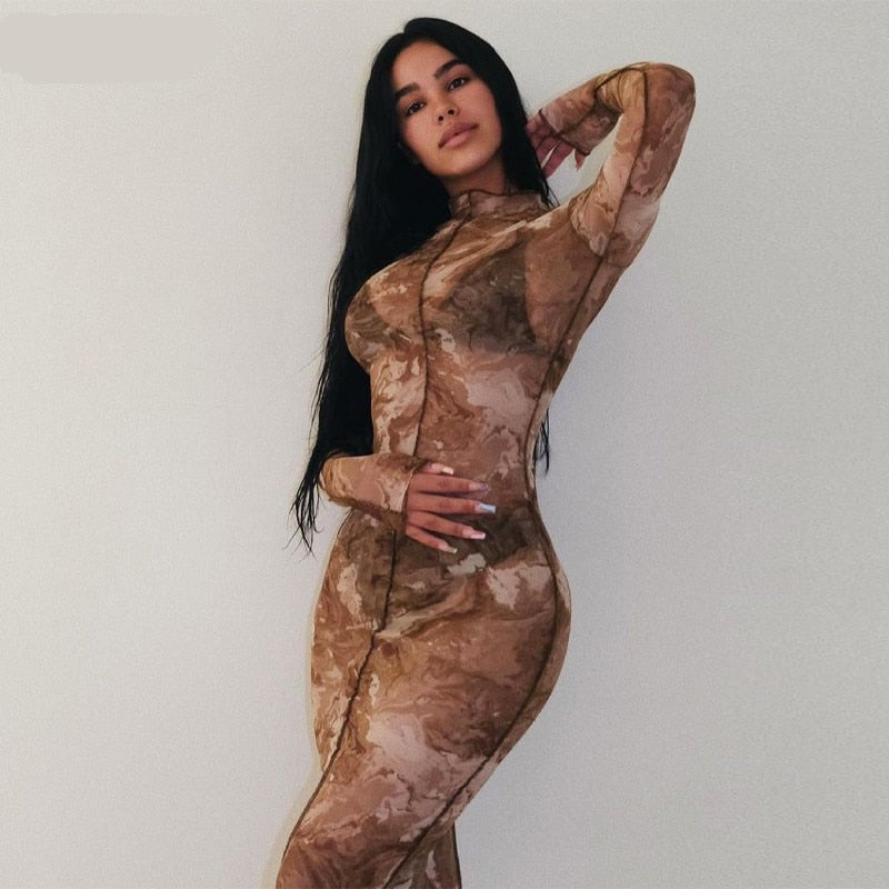 Voguable  Long Sleeve Print See-Through Ruched Bodysuit Pencil Pants 2 Pieces Set Streetwear Club Y2K