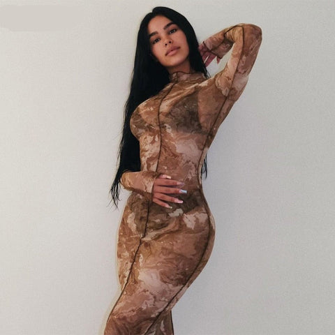 Voguable  Long Sleeve Print See-Through Ruched Bodysuit Pencil Pants 2 Pieces Set Streetwear Club Y2K