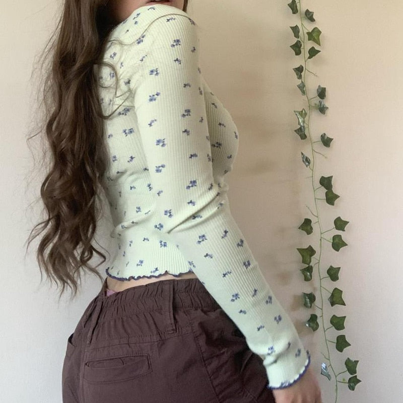 Voguable  y2k Floral Print T-shirt Sweet Girl Square Collar Frill Full Sleeve Crop Top Aesthetic Fairy Grunge Vintage Pullovers Tees