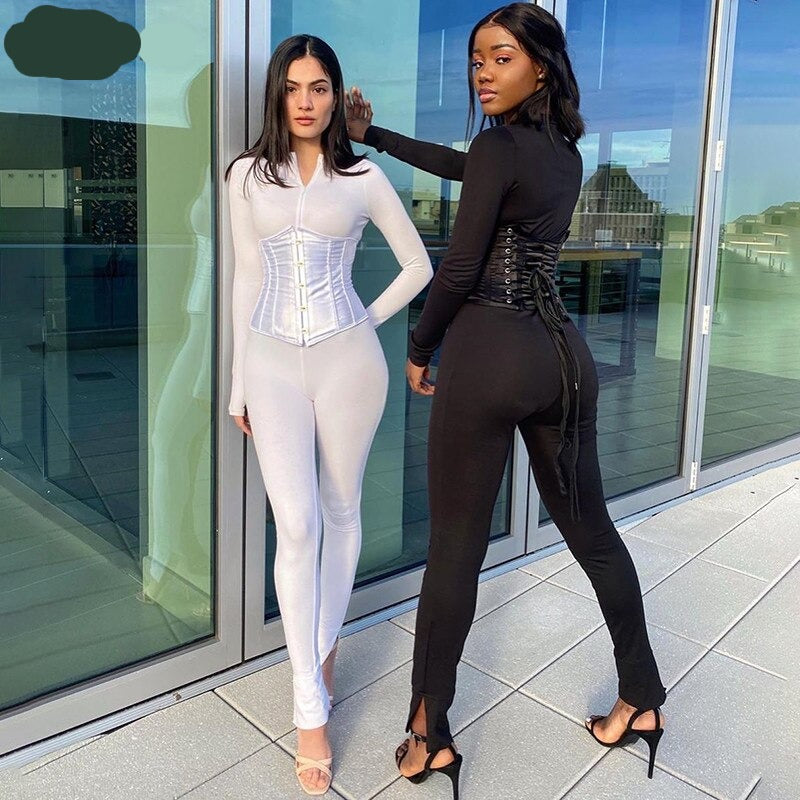 Voguable  Long Sleeve Jumpsuit Bandage Corset 2 Pieces Set Winter  Zipper Suit Romper Y2K Streetwear