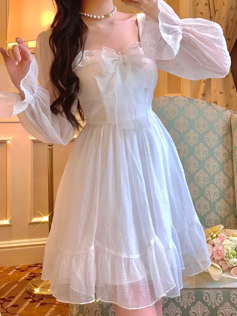 Voguable French Sweet Fairy Lolita Dress Long Sleeve Lace Y2K Mini Dress Vintage Kawaii Clothes One Piece Dress