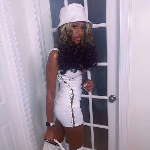 Voguable Sleeveless  Mini Dress Patchwork  With Corset Patchwork Zipper Bodycon Streetwear Casual Y2K