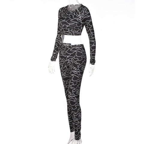 Voguable Print Long Sleeves Slim Navel Top Leggings Set Bodycon Party Elegant Club Y2K Robe Beach