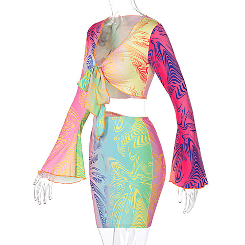Voguable Flare Sleeve Wrapped Bandage Crop Top Skirt 2 Piece Set Winter Streetwear Y2K Print Tracksuit