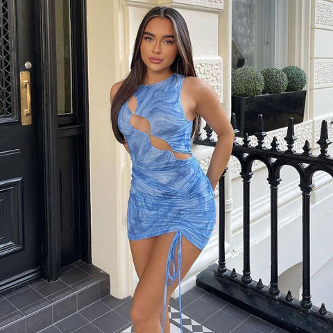 Voguable  Bandage Drawstrings Sleeveless Hollow Out Ruched Solid Bodycon Mini Dress  Streetwear Y2K Party Club