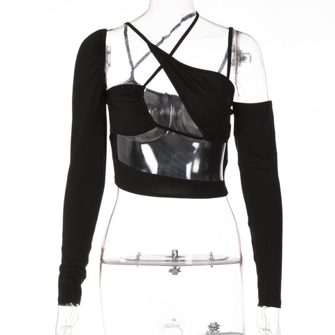 Voguable Pure Halter Single Shoulder Long Sleeve Bandage Drawstring Crop Top Fall Streetwear Outfit Y2K Party