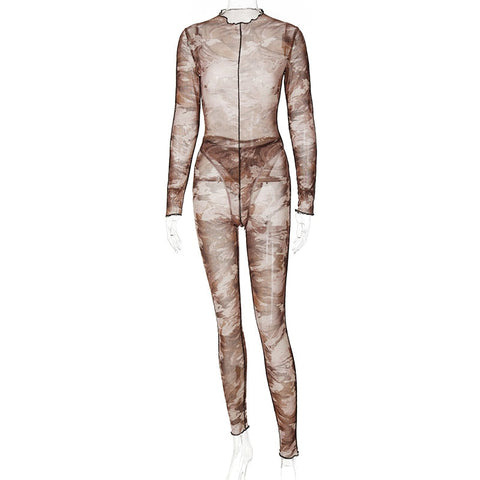 Voguable  Long Sleeve Print See-Through Ruched Bodysuit Pencil Pants 2 Pieces Set Streetwear Club Y2K