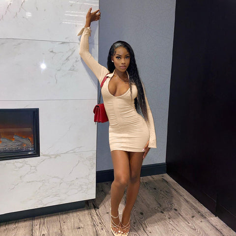 Voguable Solid Pleated Polo Neck Long Sleeves Mini Dress Streetwear Y2K Elegant Wear